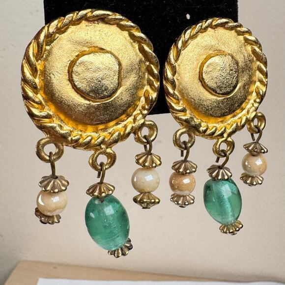 No brand Jewelry - VTG Clip On Earrings Gold Tone Large Stud Glass Beads Dangle Funky 80s Art